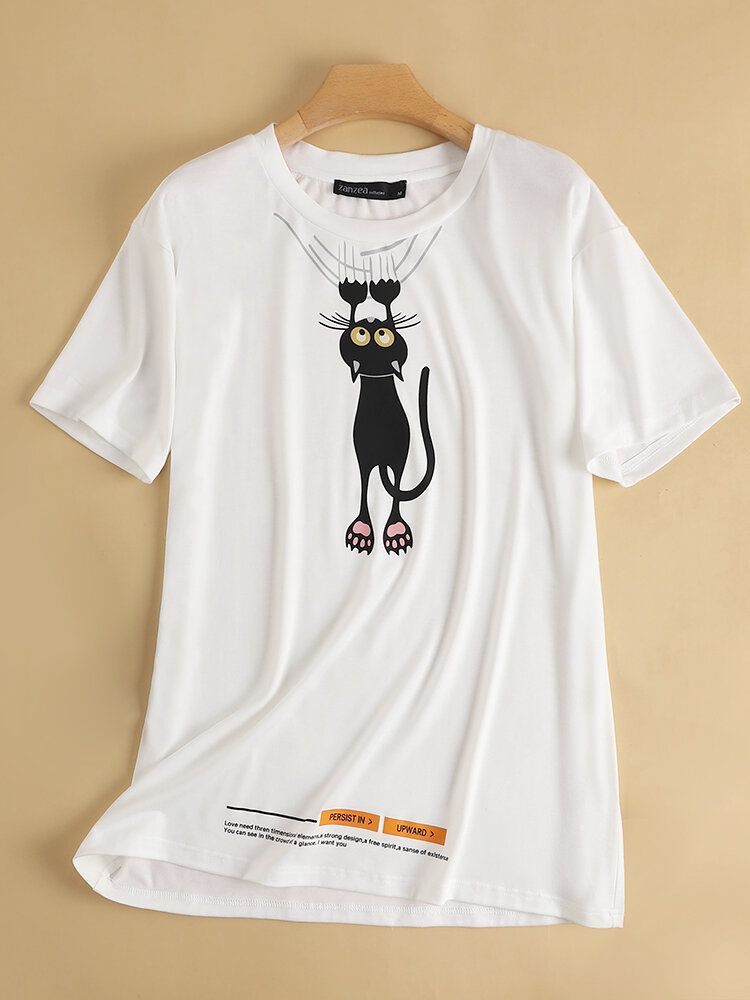 T-shirt À Manches Courtes Et Col Rond Imprimé Chat De Dessin Animé