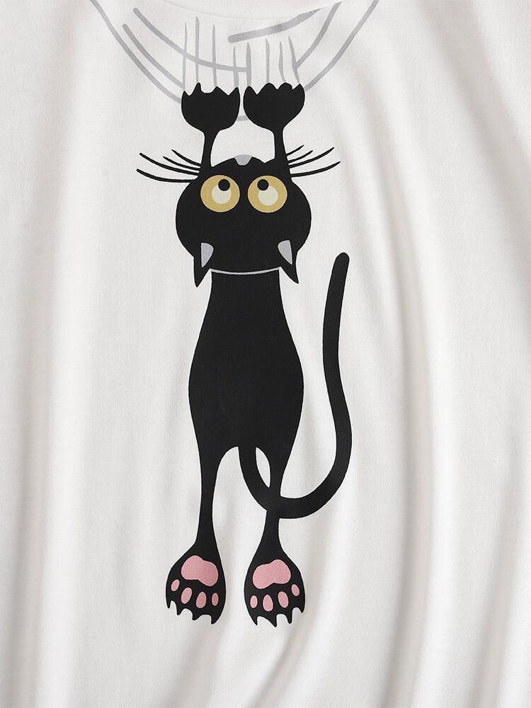 T-shirt À Manches Courtes Et Col Rond Imprimé Chat De Dessin Animé