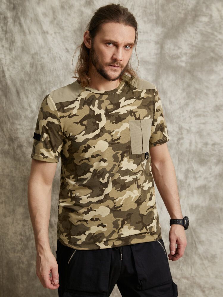 T-shirt À Manches Courtes Pour Hommes Avec Imprimé Camouflage Vichy Et Ourlet À Poche Unique