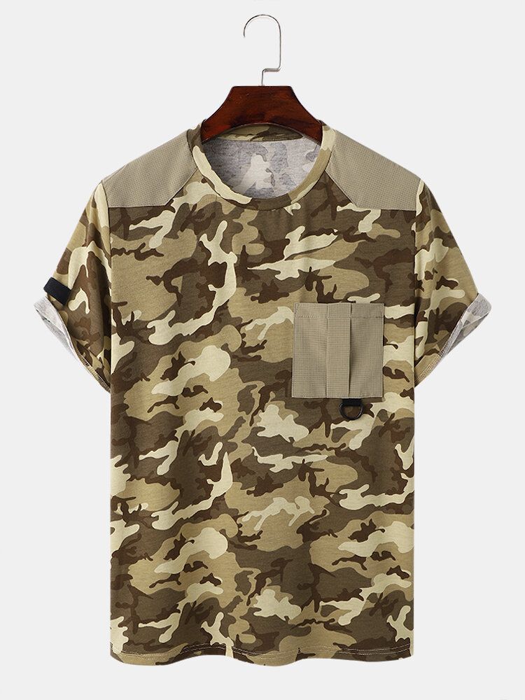 T-shirt À Manches Courtes Pour Hommes Avec Imprimé Camouflage Vichy Et Ourlet À Poche Unique