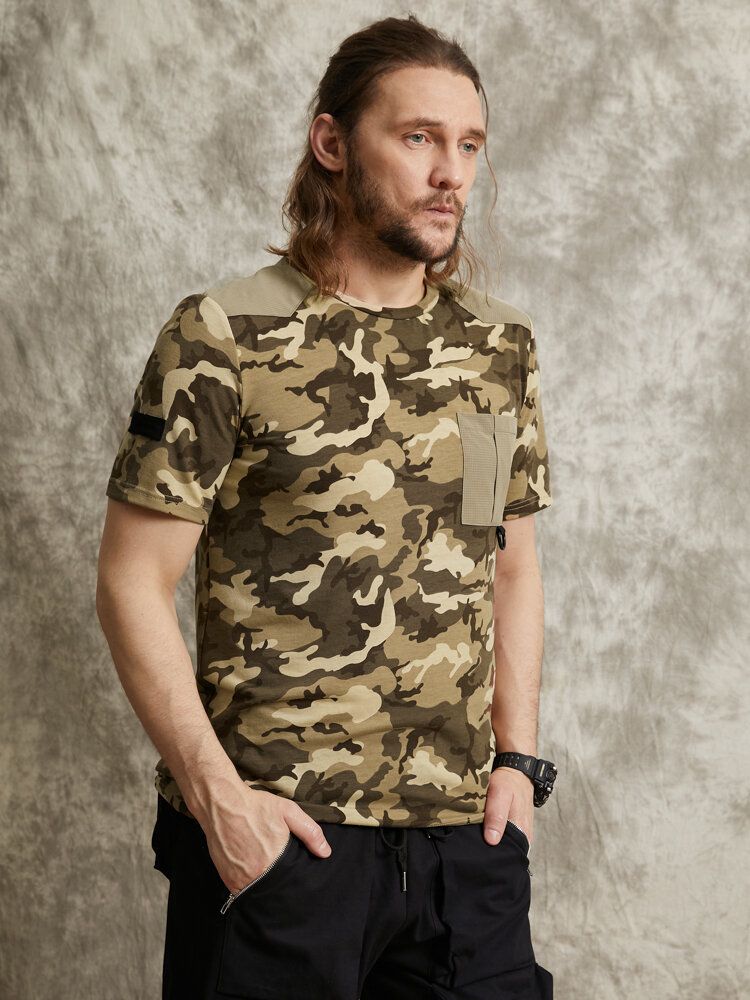 T-shirt À Manches Courtes Pour Hommes Avec Imprimé Camouflage Vichy Et Ourlet À Poche Unique