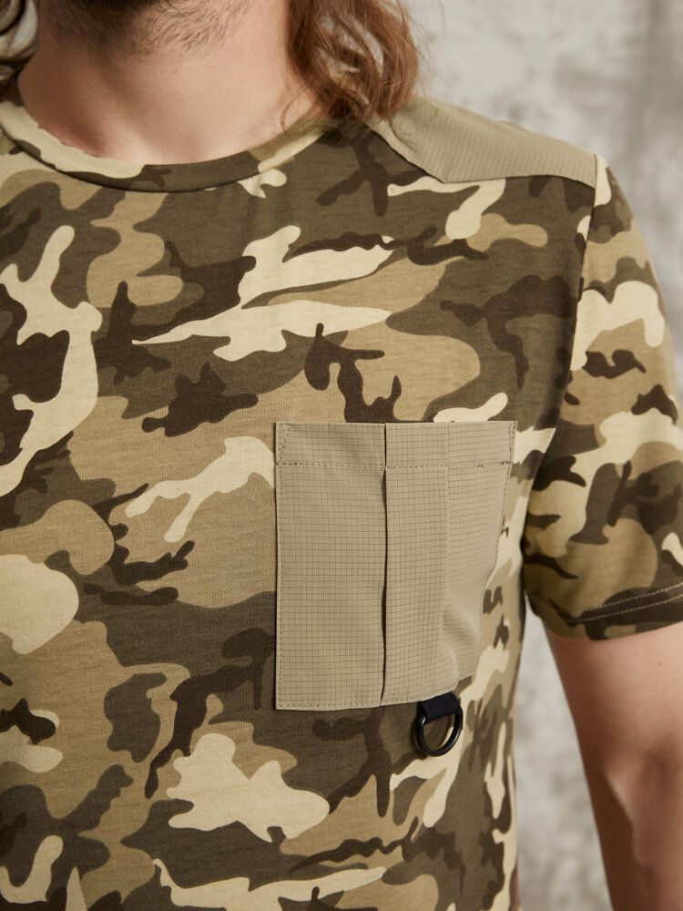 T-shirt À Manches Courtes Pour Hommes Avec Imprimé Camouflage Vichy Et Ourlet À Poche Unique