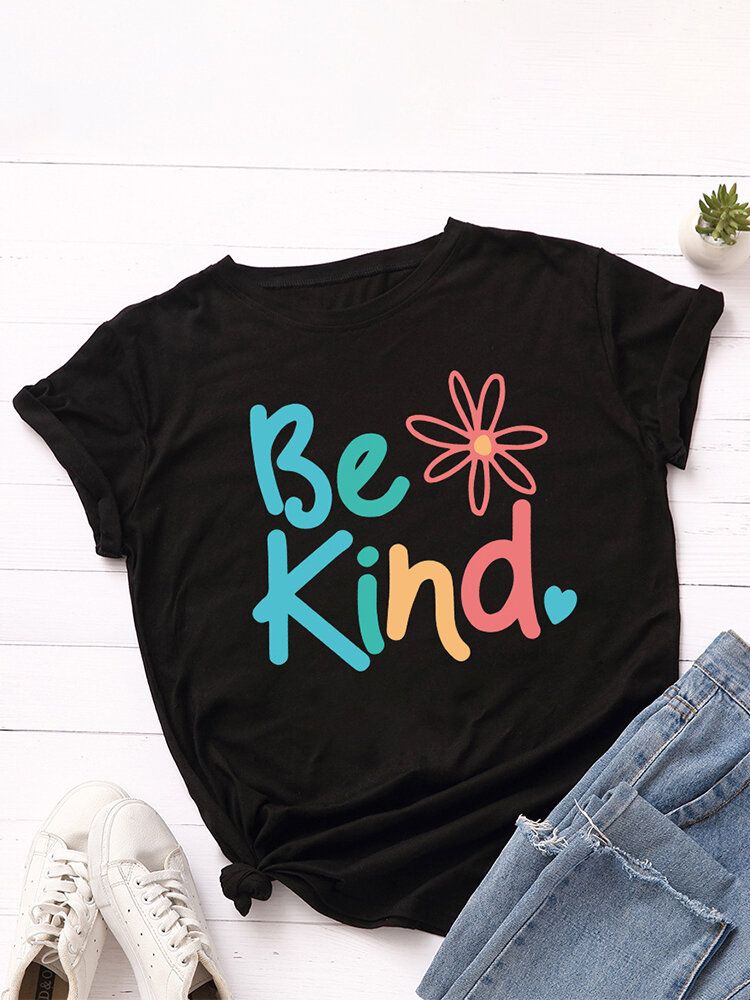 T-shirt Multicolore Décontracté À Manches Courtes Et Col Rond Pour Femmes Be Kind Slogan