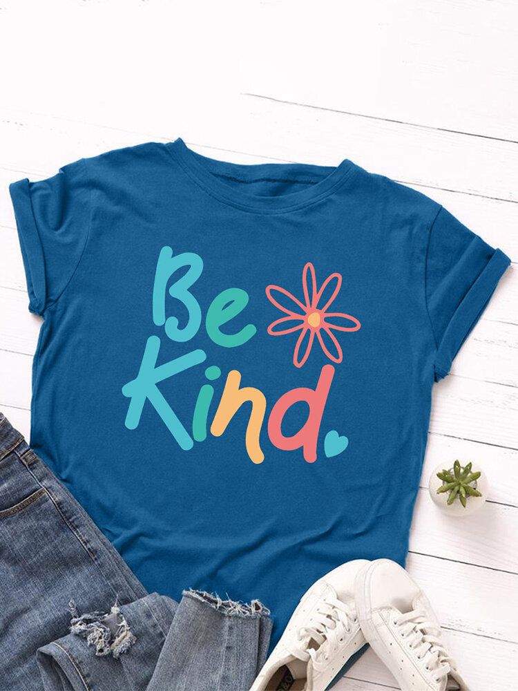 T-shirt Multicolore Décontracté À Manches Courtes Et Col Rond Pour Femmes Be Kind Slogan