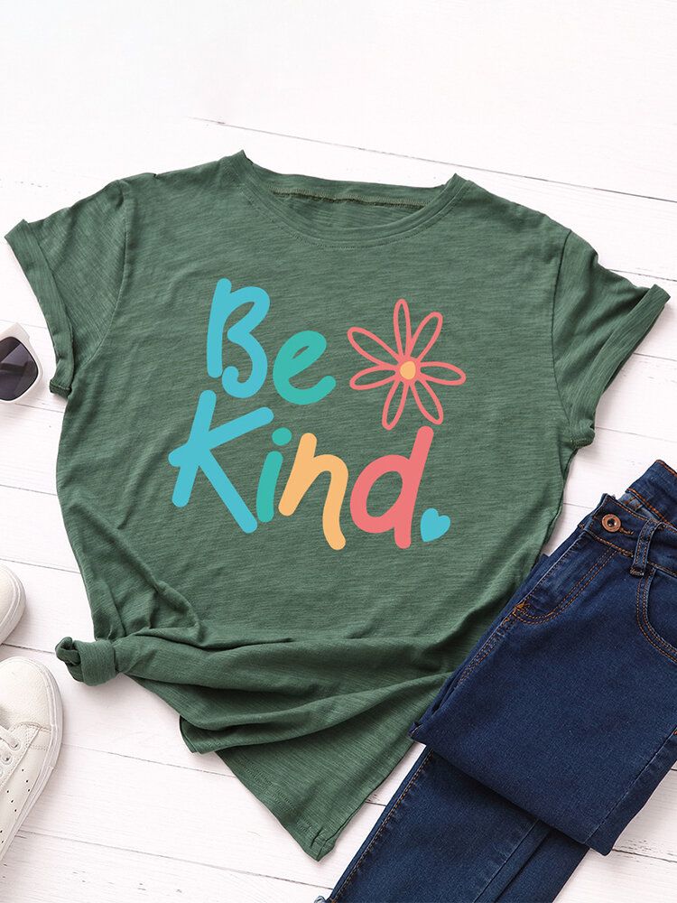 T-shirt Multicolore Décontracté À Manches Courtes Et Col Rond Pour Femmes Be Kind Slogan