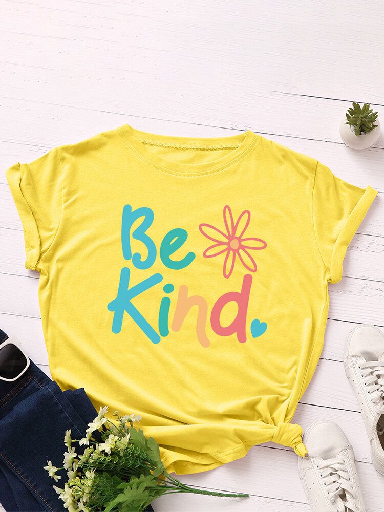 T-shirt Multicolore Décontracté À Manches Courtes Et Col Rond Pour Femmes Be Kind Slogan