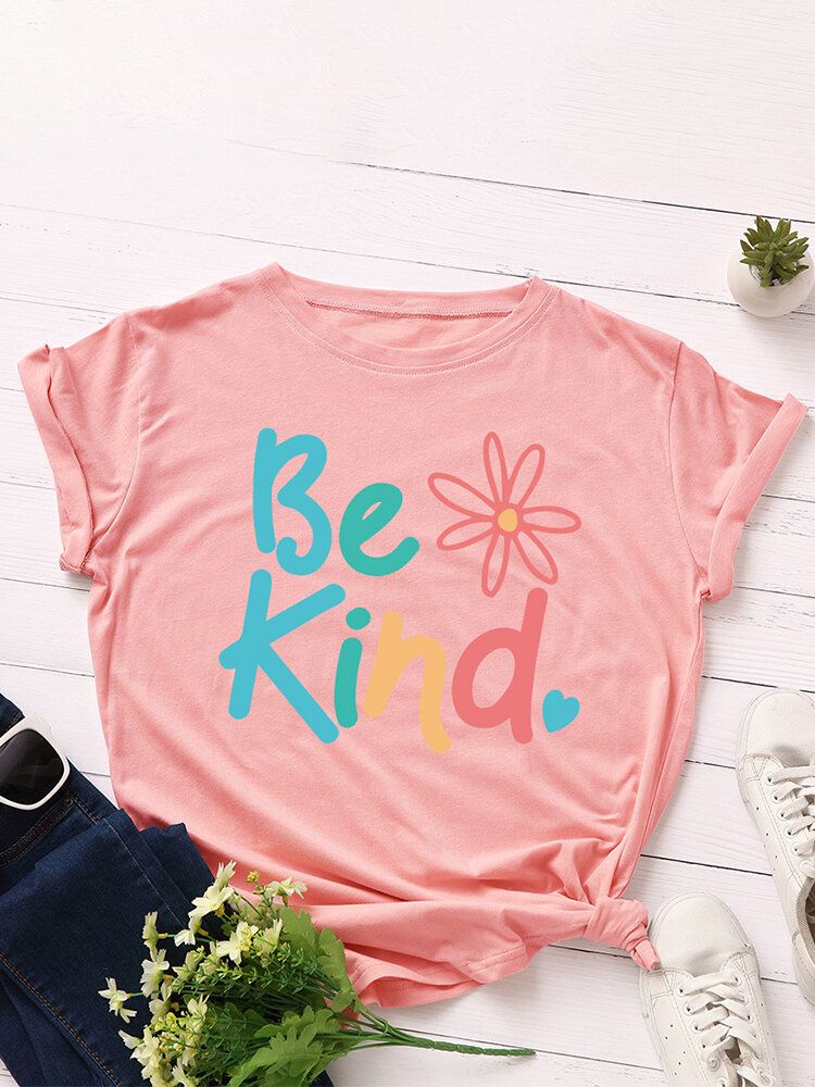 T-shirt Multicolore Décontracté À Manches Courtes Et Col Rond Pour Femmes Be Kind Slogan