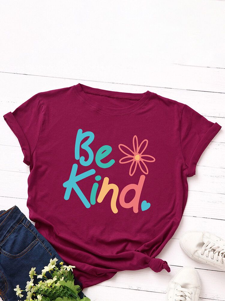 T-shirt Multicolore Décontracté À Manches Courtes Et Col Rond Pour Femmes Be Kind Slogan