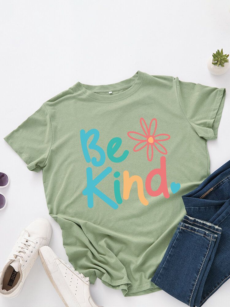 T-shirt Multicolore Décontracté À Manches Courtes Et Col Rond Pour Femmes Be Kind Slogan