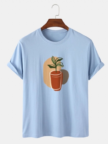 T-shirt Quotidien À Manches Courtes À Col Rond Pour Hommes 100% Coton Imprimé De Plantes Abstraites