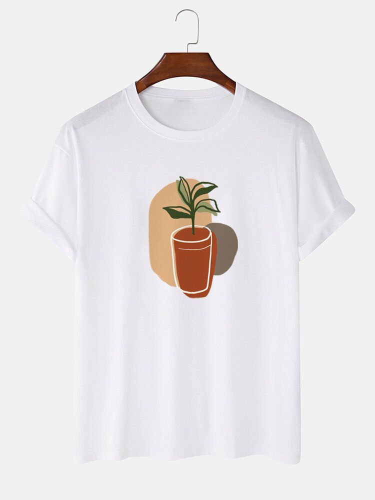 T-shirt Quotidien À Manches Courtes À Col Rond Pour Hommes 100% Coton Imprimé De Plantes Abstraites