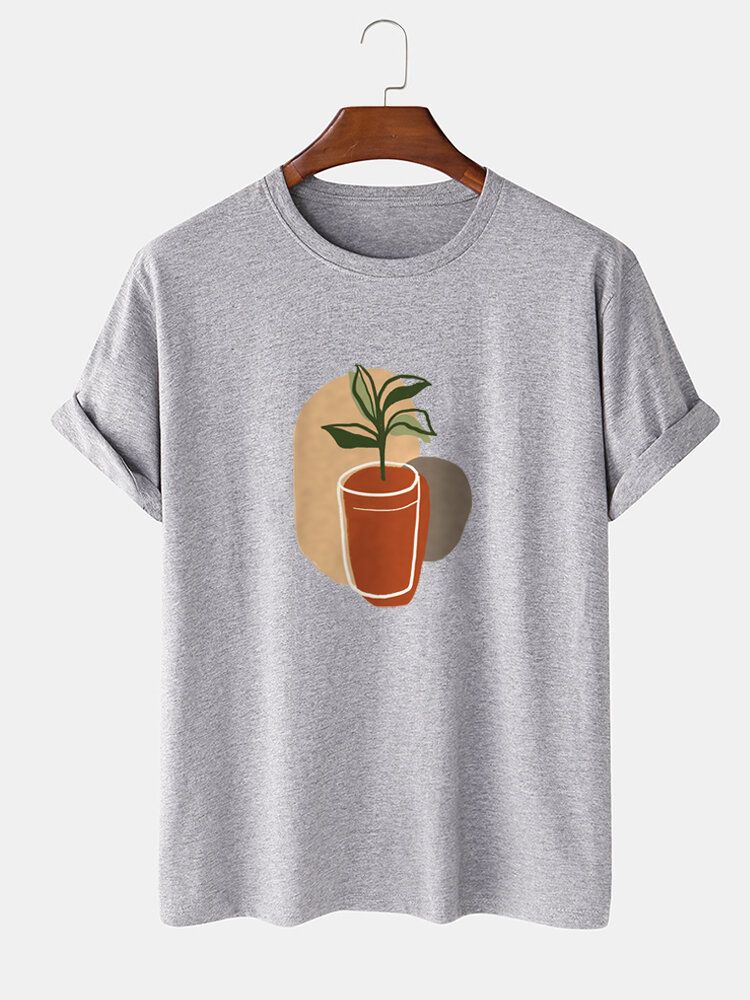 T-shirt Quotidien À Manches Courtes À Col Rond Pour Hommes 100% Coton Imprimé De Plantes Abstraites