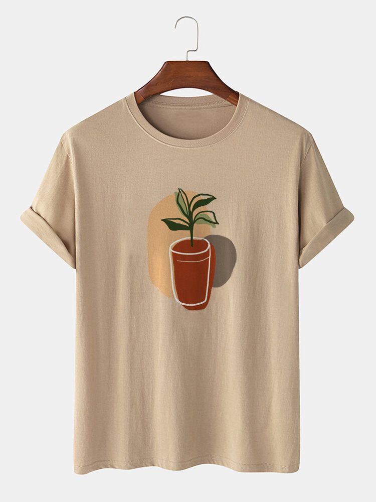 T-shirt Quotidien À Manches Courtes À Col Rond Pour Hommes 100% Coton Imprimé De Plantes Abstraites