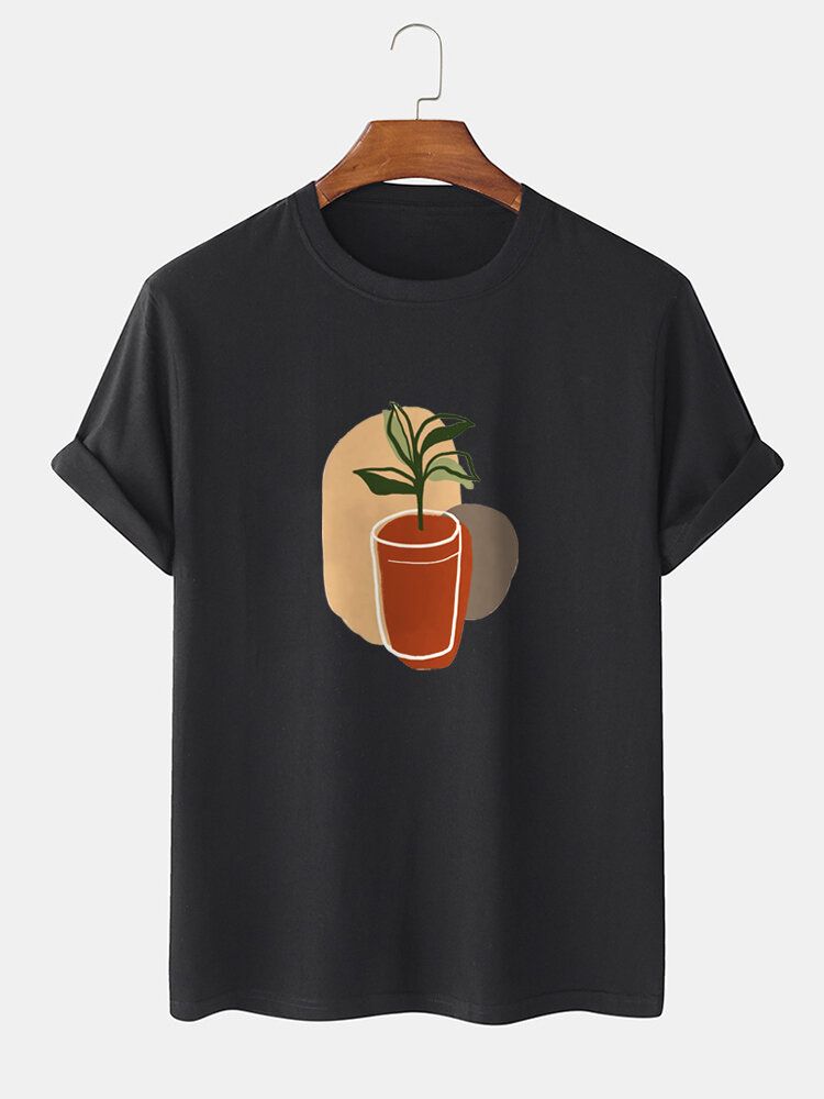 T-shirt Quotidien À Manches Courtes À Col Rond Pour Hommes 100% Coton Imprimé De Plantes Abstraites