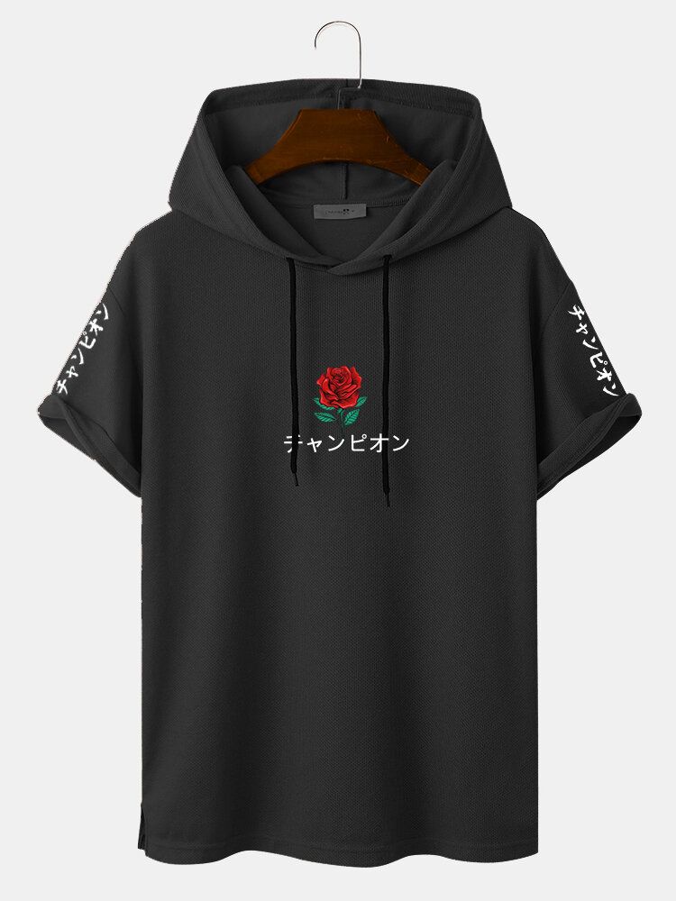 T-shirts À Capuche À Manches Courtes Avec Imprimé Rose Japonais Pour Hommes