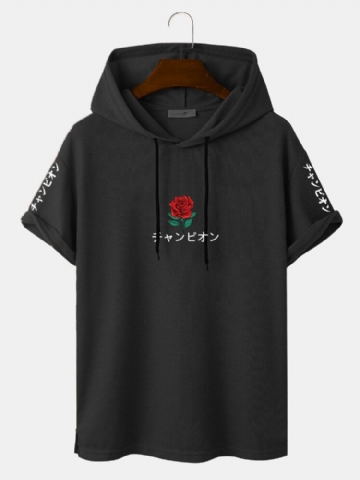 T-shirts À Capuche À Manches Courtes Avec Imprimé Rose Japonais Pour Hommes