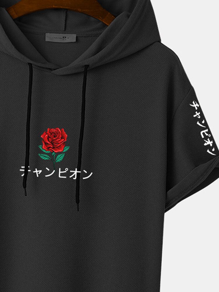 T-shirts À Capuche À Manches Courtes Avec Imprimé Rose Japonais Pour Hommes