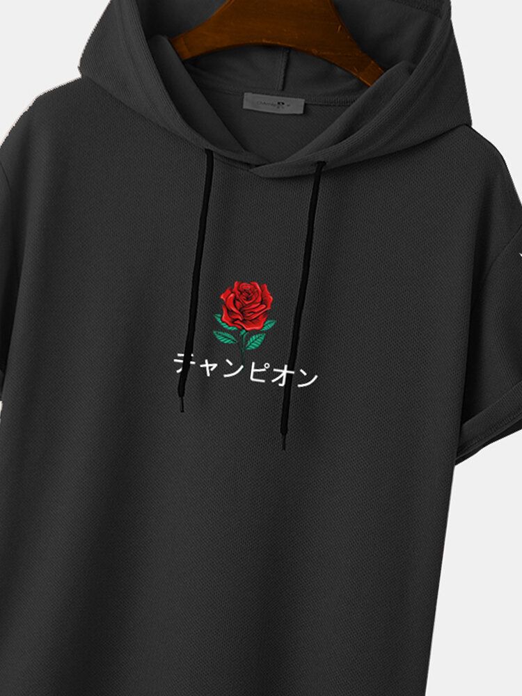 T-shirts À Capuche À Manches Courtes Avec Imprimé Rose Japonais Pour Hommes