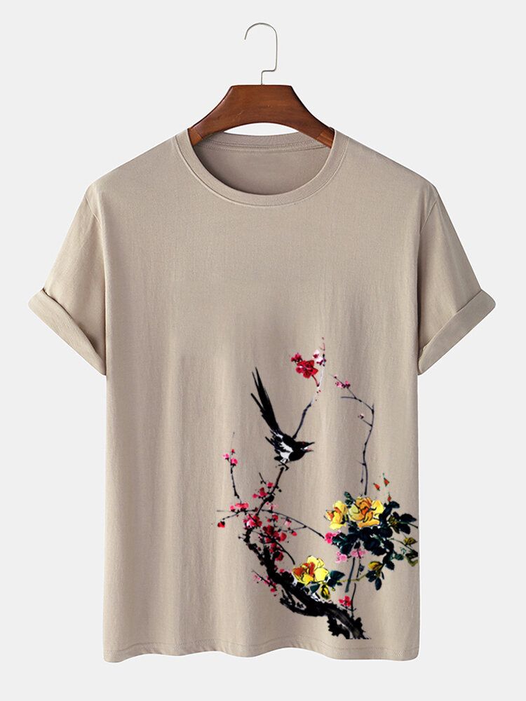 T-shirts En Coton À Manches Courtes Imprimés Bird Plum Bossom Pour Hommes