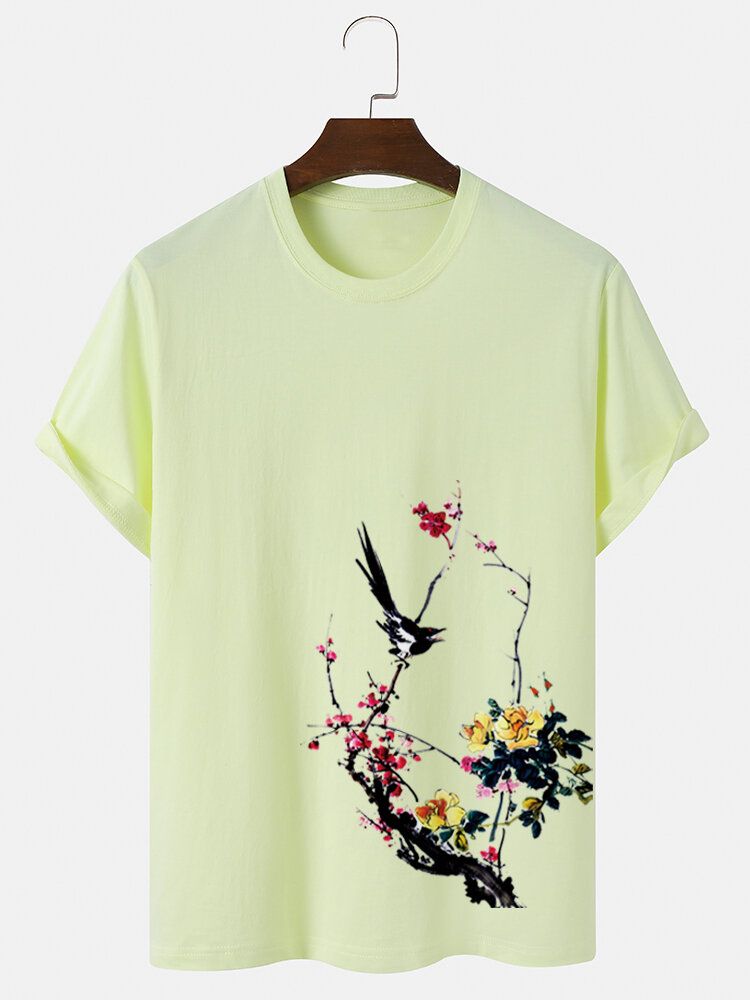 T-shirts En Coton À Manches Courtes Imprimés Bird Plum Bossom Pour Hommes