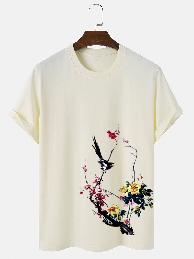 T-shirts En Coton À Manches Courtes Imprimés Bird Plum Bossom Pour Hommes