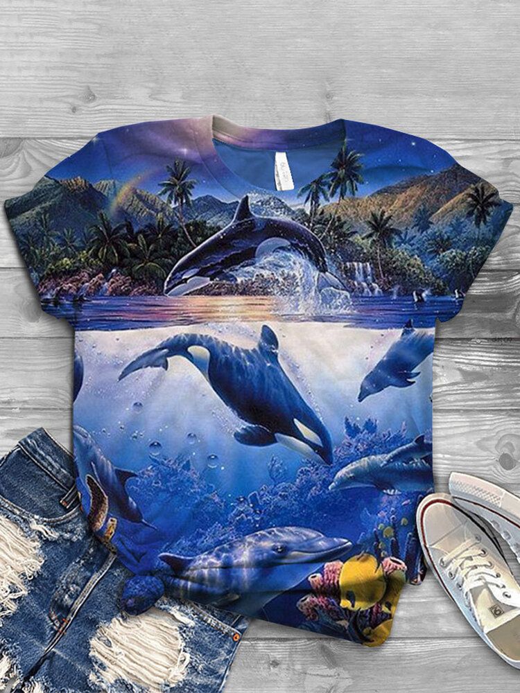 T-shirts Décontractés À Manches Courtes À Col Rond Pour Femmes Ocean Whale Print