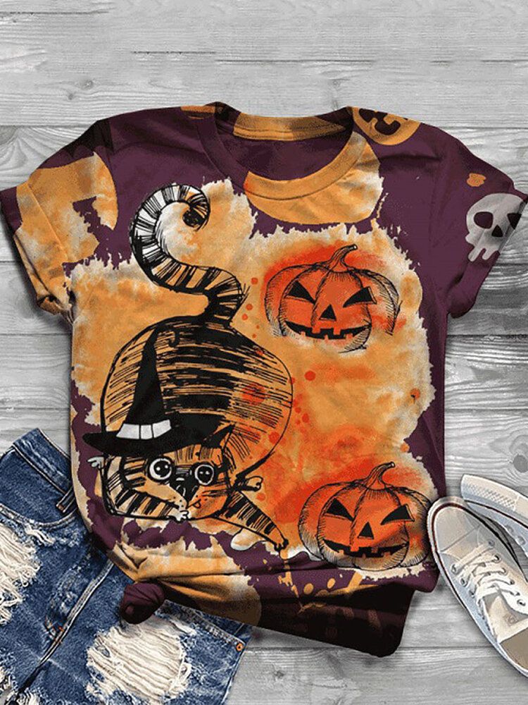 T-shirts Décontractés À Manches Courtes Pour Femmes Halloween Funny Pumpkin Print