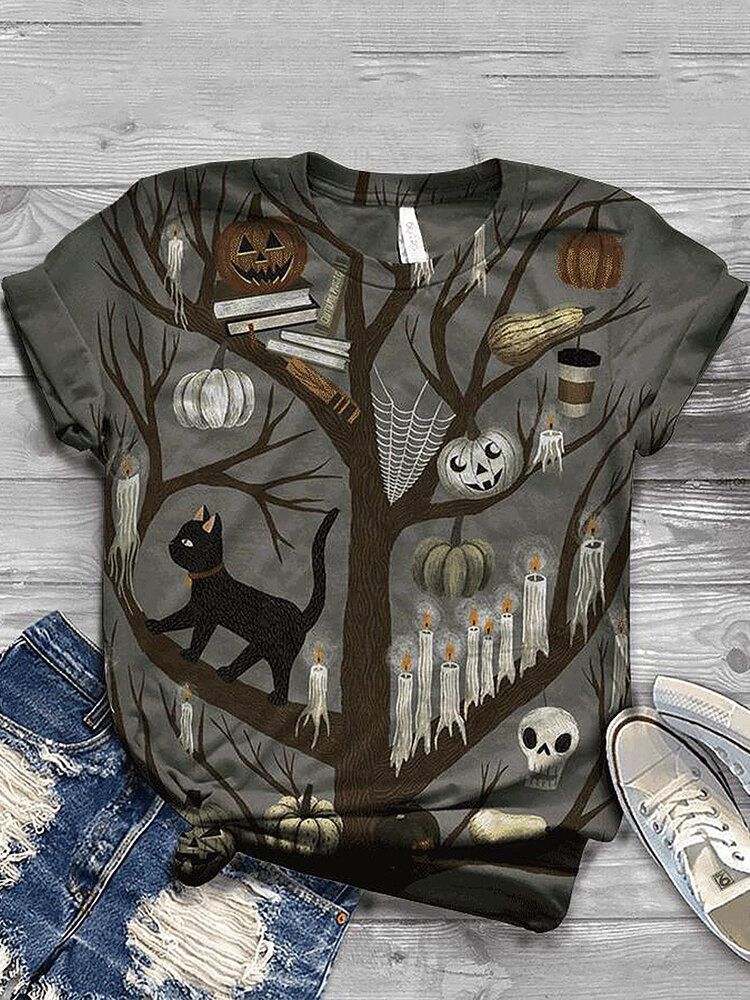 T-shirts Décontractés À Manches Courtes Pour Femmes Halloween Funny Pumpkin Print