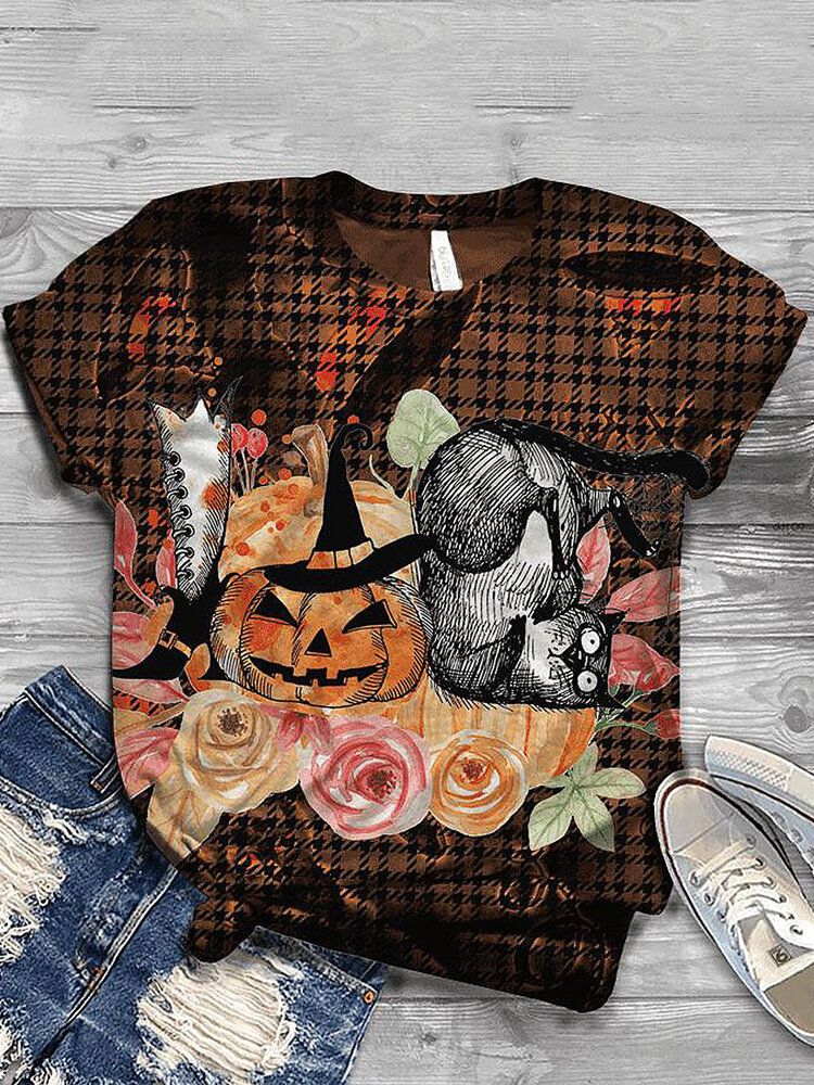 T-shirts Décontractés À Manches Courtes Pour Femmes Halloween Funny Pumpkin Print