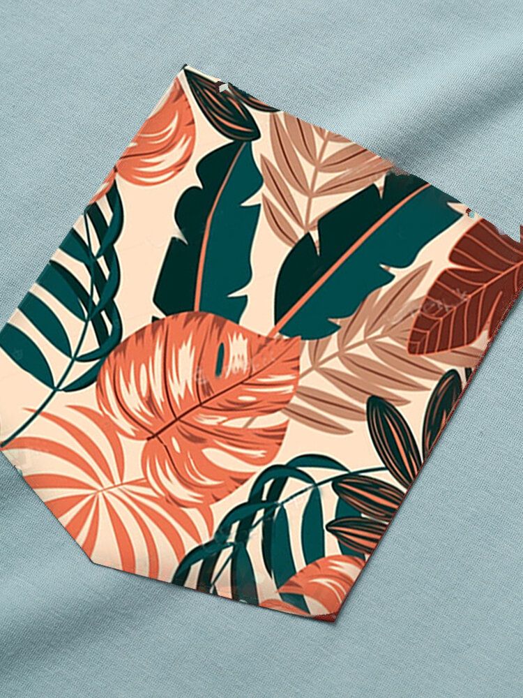 T-shirts Décontractés À Manches Courtes Pour Hommes Avec Poche Sur La Poitrine Et Feuilles Tropicales