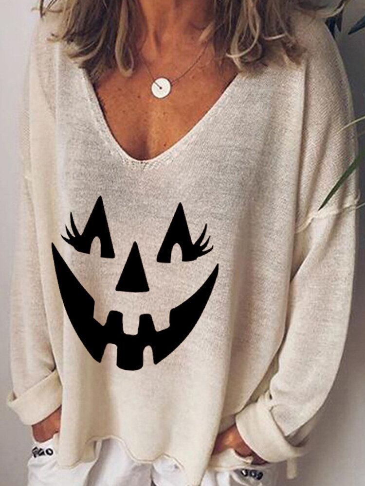 T-shirts À Manches Longues Lâches À Col En V Et À Imprimé Citrouille Drôles D'halloween Pour Femmes