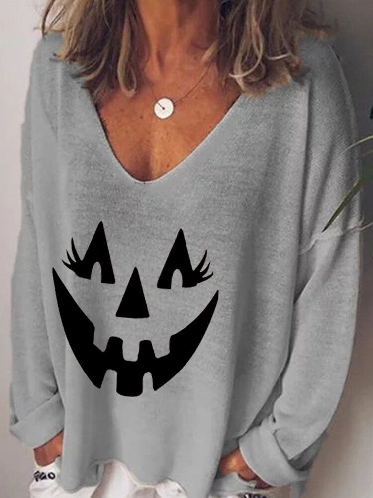 T-shirts À Manches Longues Lâches À Col En V Et À Imprimé Citrouille Drôles D'halloween Pour Femmes