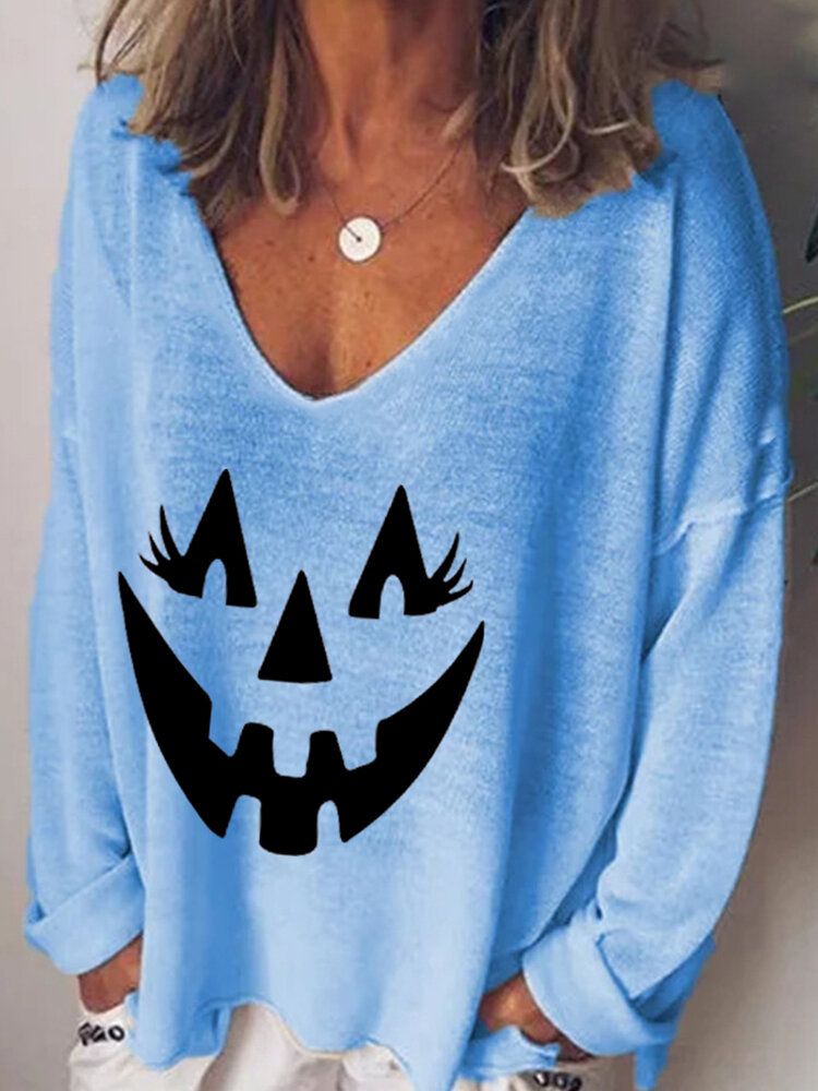 T-shirts À Manches Longues Lâches À Col En V Et À Imprimé Citrouille Drôles D'halloween Pour Femmes