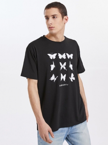 T-shirts Preppy Noirs À Manches Courtes Et Imprimé Papillon Pour Hommes