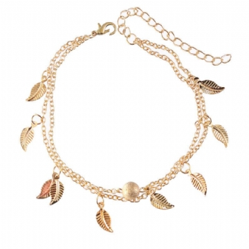 Tendance Argent Or Couleur Feuille Pendentif Cheville Double Couche Boule Charme Bracelet