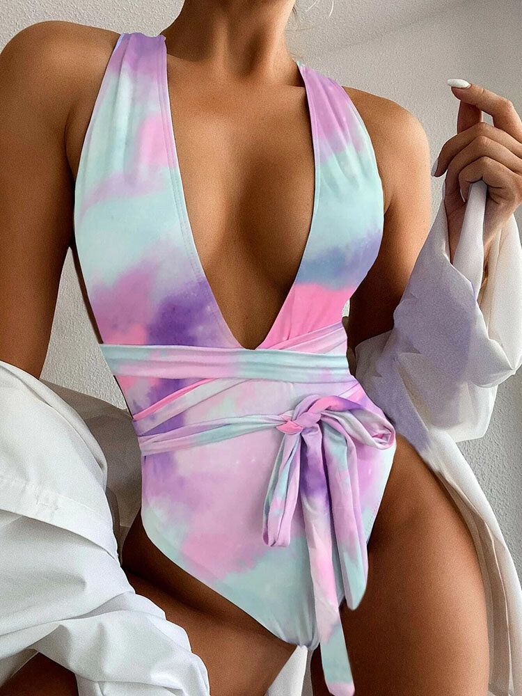 Tie Dye Backless Bandage High Fork Holiday One Piece Women Beach Maillots De Bain