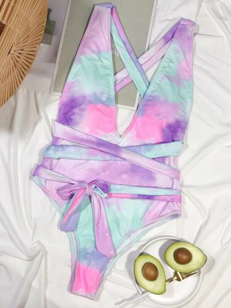 Tie Dye Backless Bandage High Fork Holiday One Piece Women Beach Maillots De Bain