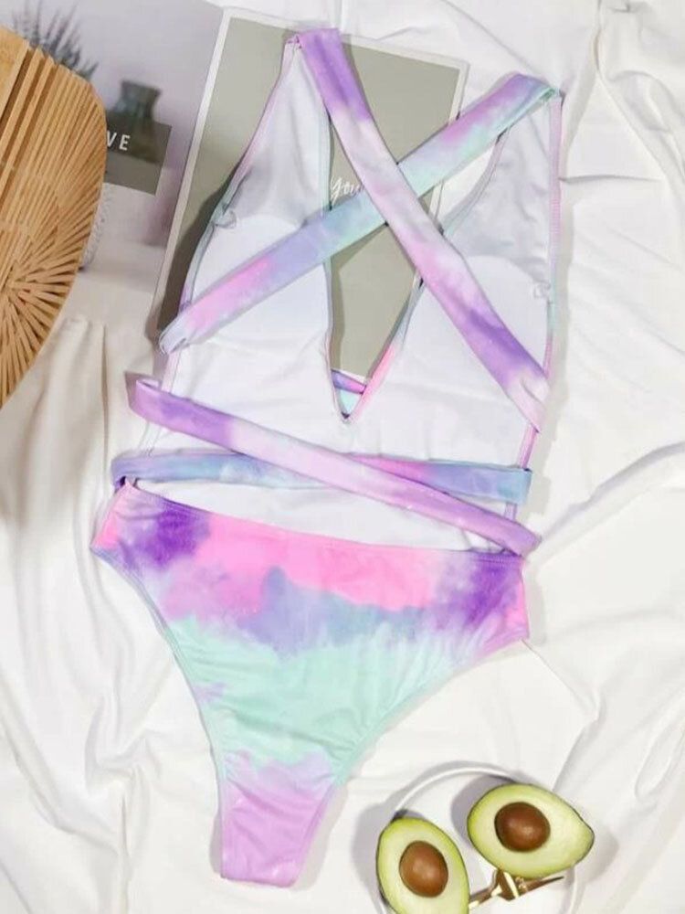 Tie Dye Backless Bandage High Fork Holiday One Piece Women Beach Maillots De Bain