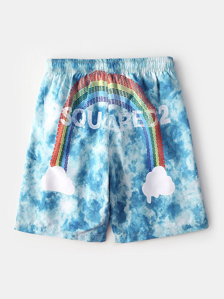 Tie-dye Mens Letter Rainbow Print Mesh Respirant Drawstring Casual Board Shorts