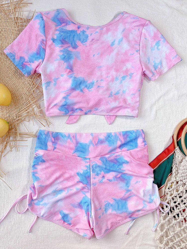 Tie Dye Short À Manches Courtes Noué Sur Le Côté Short À Cordon De Serrage Vacances Casual Taille Haute Femme Bikini