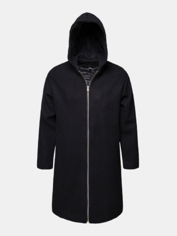 Trench Mi-long Chaud À Capuche Noir Pour Homme