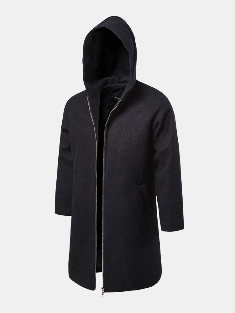 Trench Mi-long Chaud À Capuche Noir Pour Homme