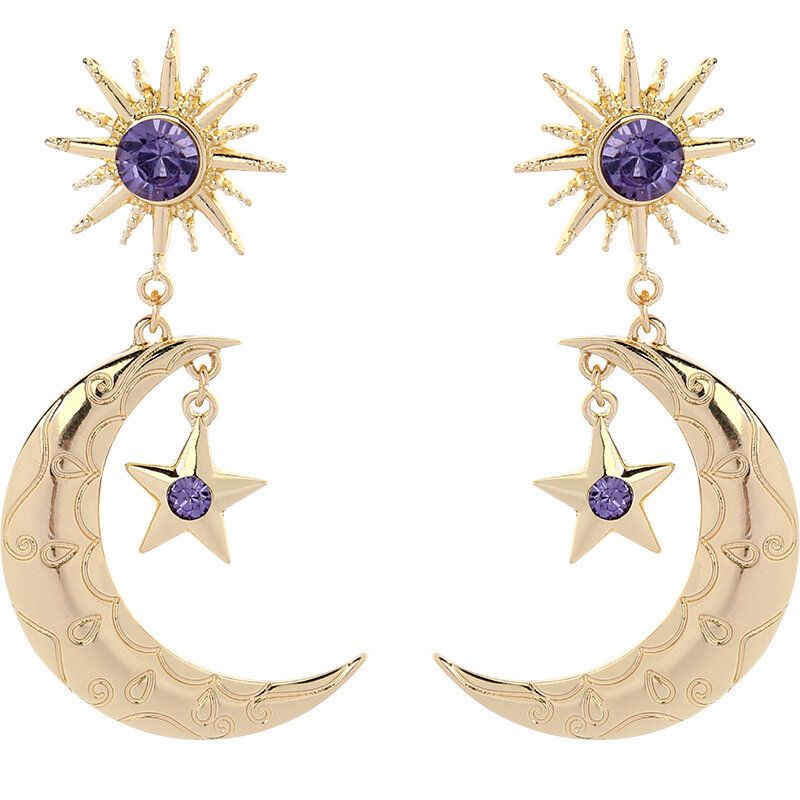 Trendy Sun Moon Star Big Ear Drop Earring Violet Strass Boucles D'oreilles Pour Les Femmes