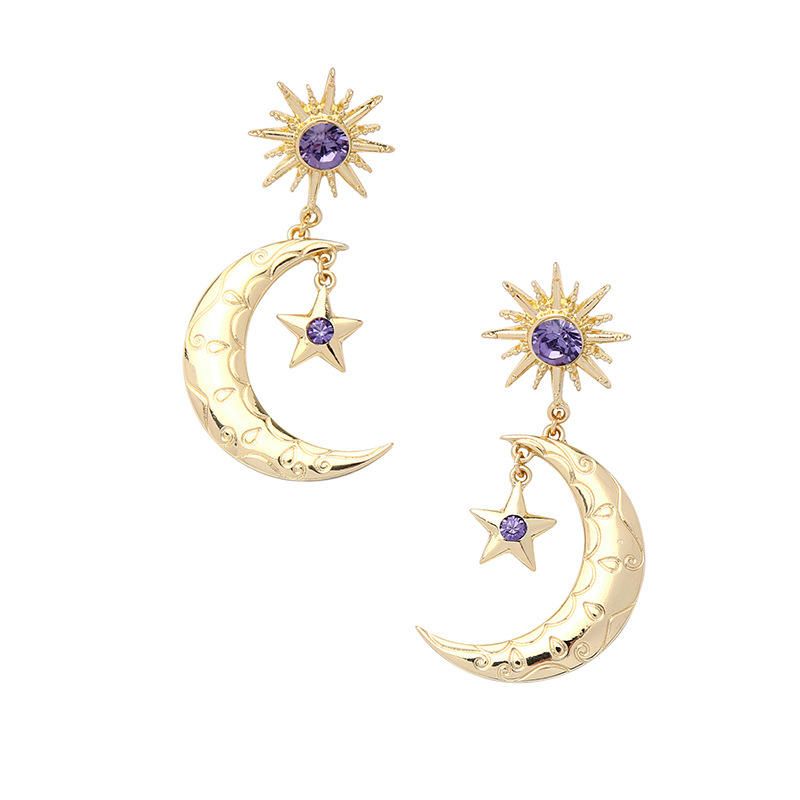 Trendy Sun Moon Star Big Ear Drop Earring Violet Strass Boucles D'oreilles Pour Les Femmes