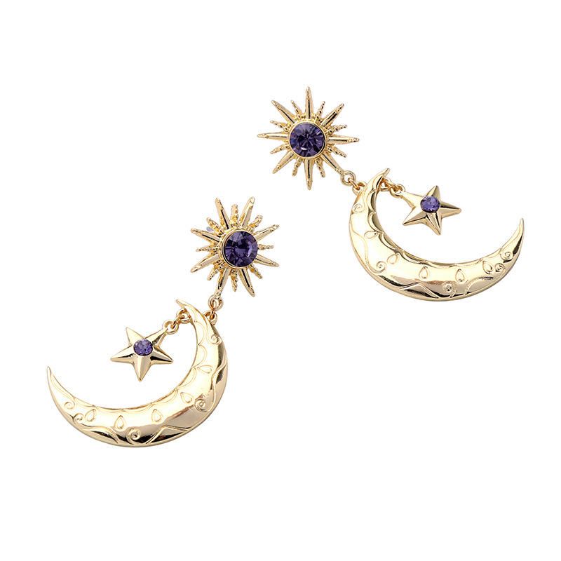 Trendy Sun Moon Star Big Ear Drop Earring Violet Strass Boucles D'oreilles Pour Les Femmes