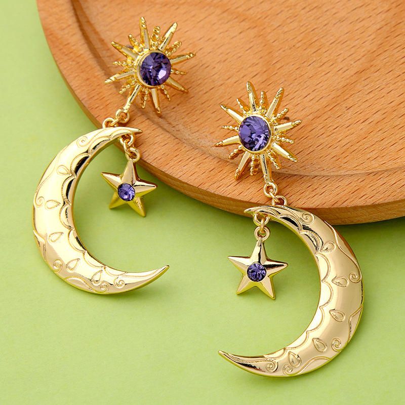 Trendy Sun Moon Star Big Ear Drop Earring Violet Strass Boucles D'oreilles Pour Les Femmes