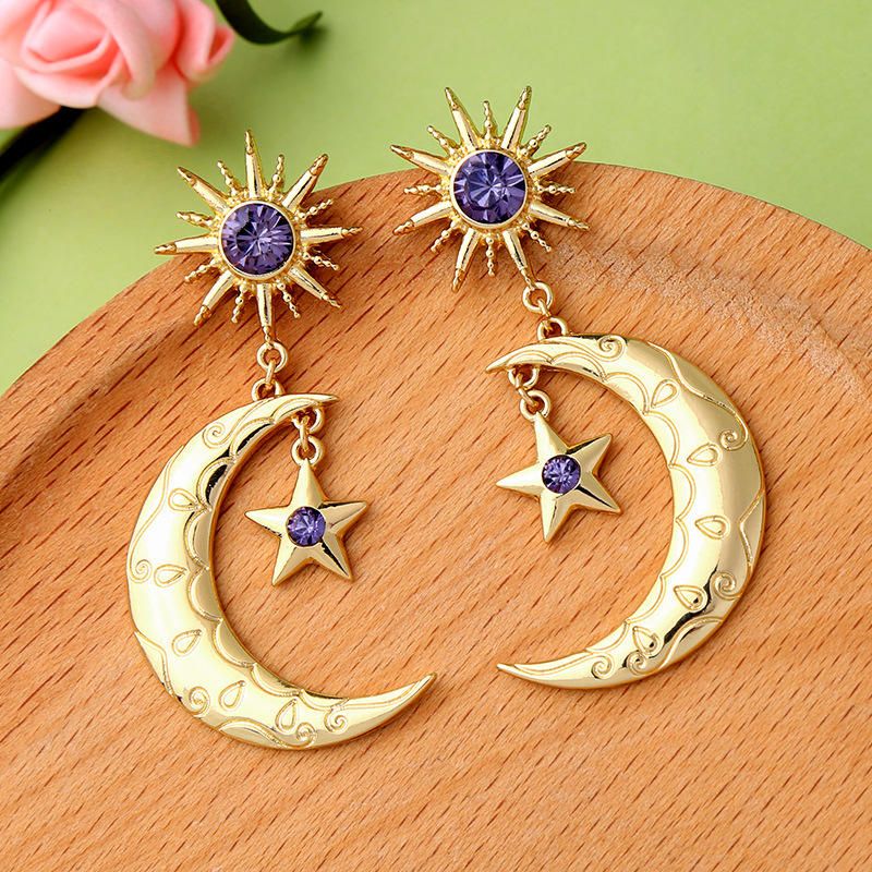 Trendy Sun Moon Star Big Ear Drop Earring Violet Strass Boucles D'oreilles Pour Les Femmes