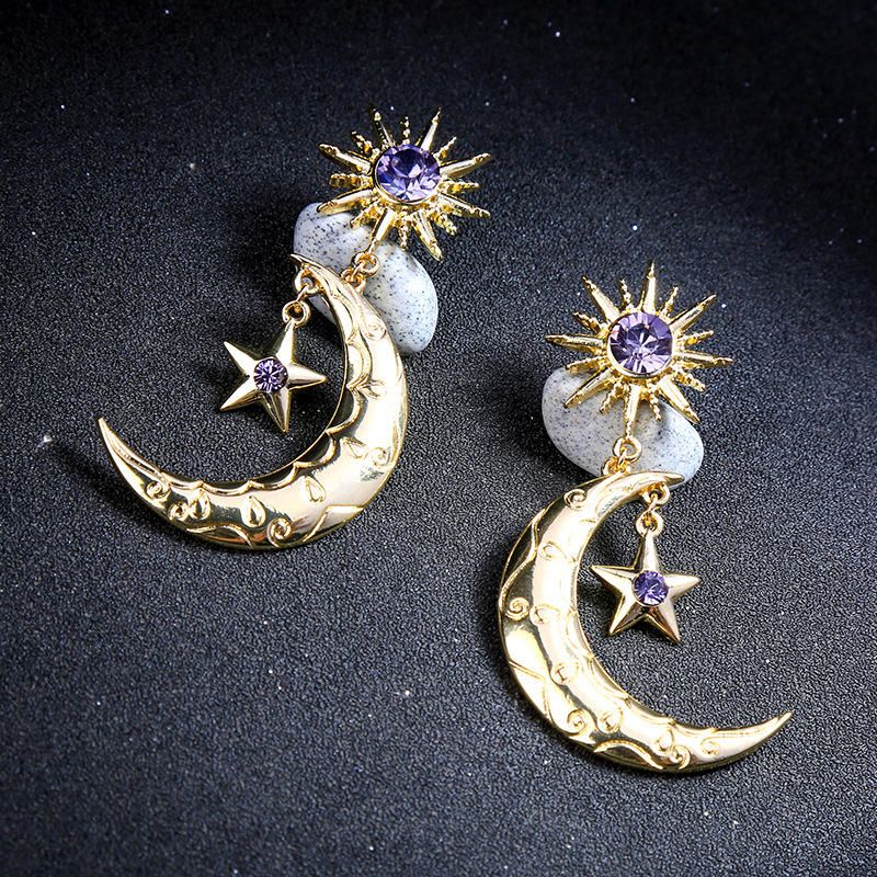 Trendy Sun Moon Star Big Ear Drop Earring Violet Strass Boucles D'oreilles Pour Les Femmes