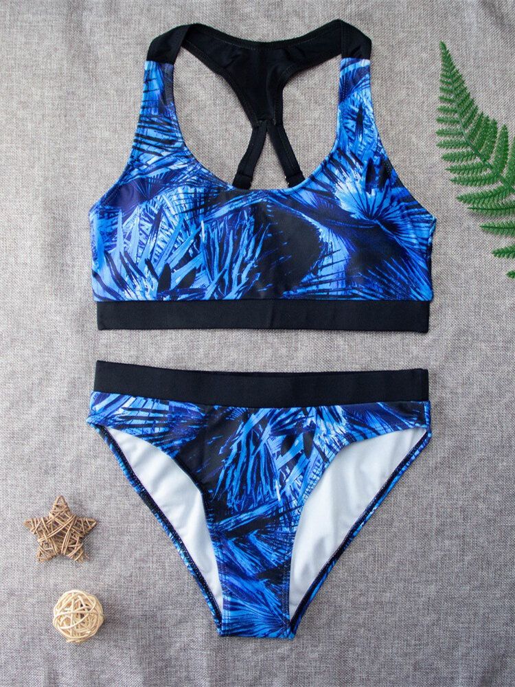 Tropical Leaf Print Criss Cross Back Bretelles Larges Taille Haute Summer Beach Bikinis Maillots De Bain