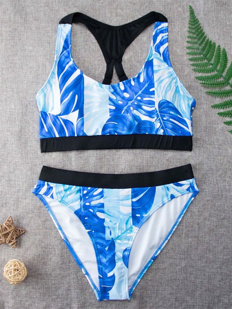 Tropical Leaf Print Criss Cross Back Bretelles Larges Taille Haute Summer Beach Bikinis Maillots De Bain